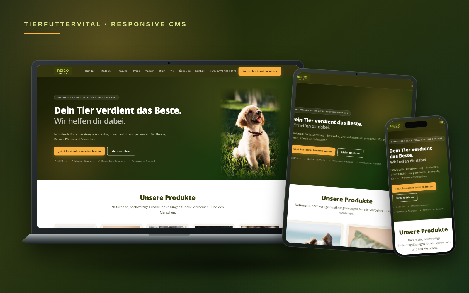 Responsive Tierfuttervital-Website auf Laptop, Tablet und Smartphone