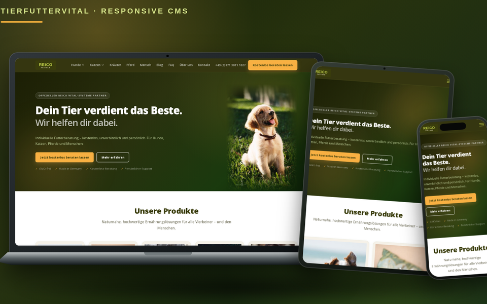 Tierfuttervital auf Laptop, Tablet und Smartphone