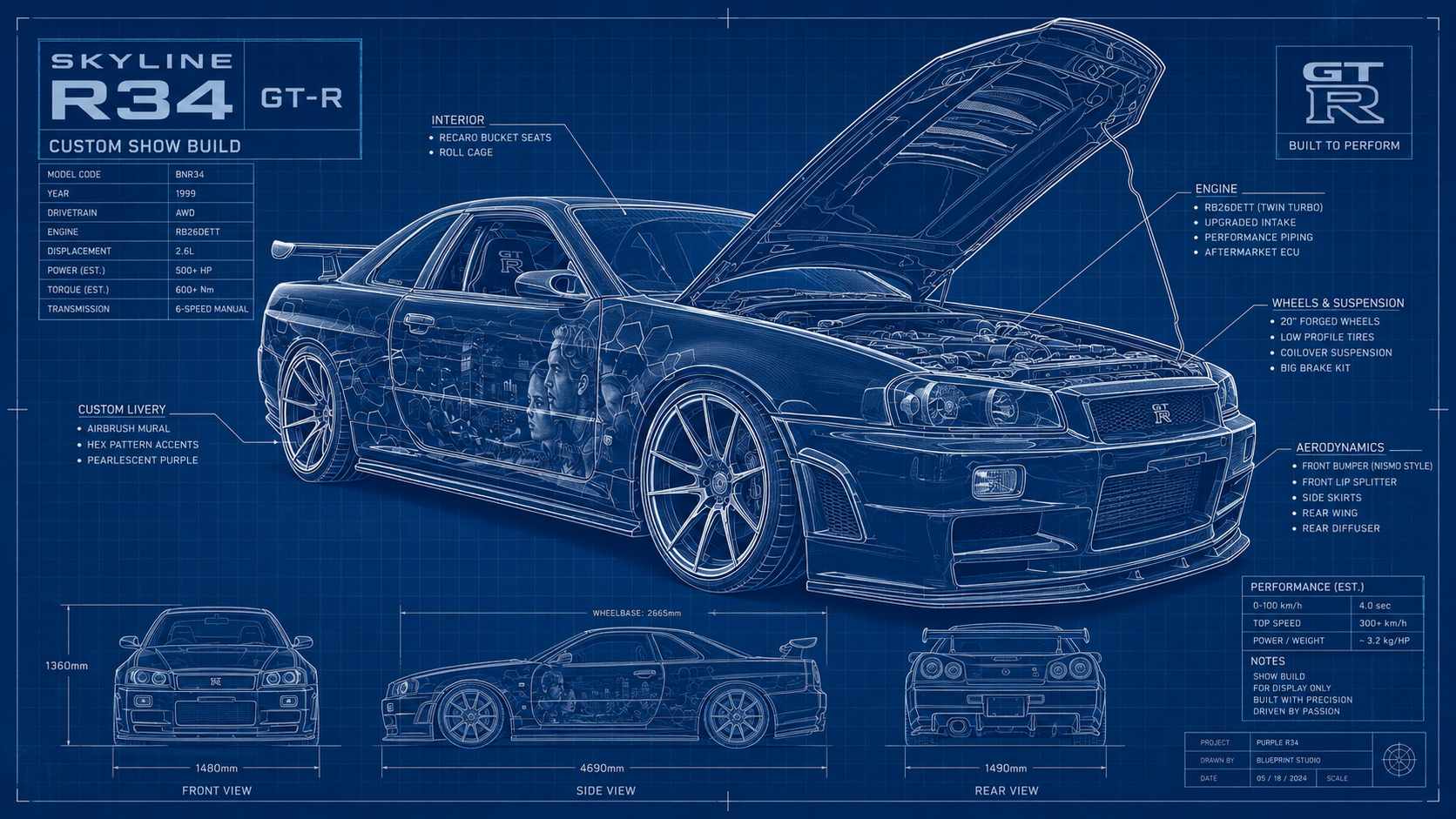 Technischer Blueprint eines Skyline R34 GT-R